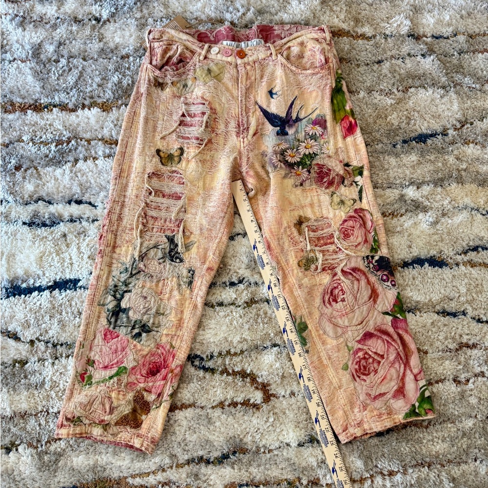 Magnolia pearl Jacard, Miner Denims with butterfly & bird appliqué, Soleil Rose